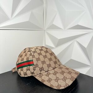 Gucci Tan Monogram Baseball Cap with Green and Red Stripe